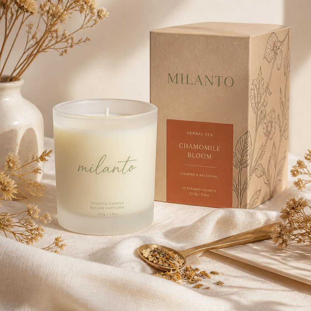 A Milanto gift set of candle and tea
