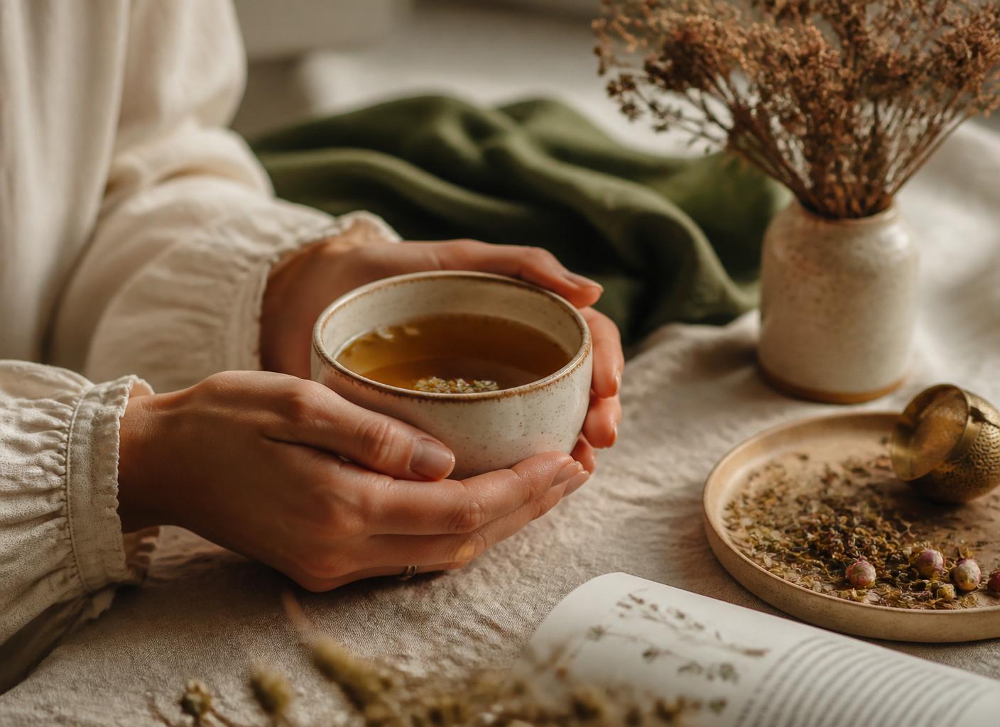 A pair of hands holding a warm cup of tea